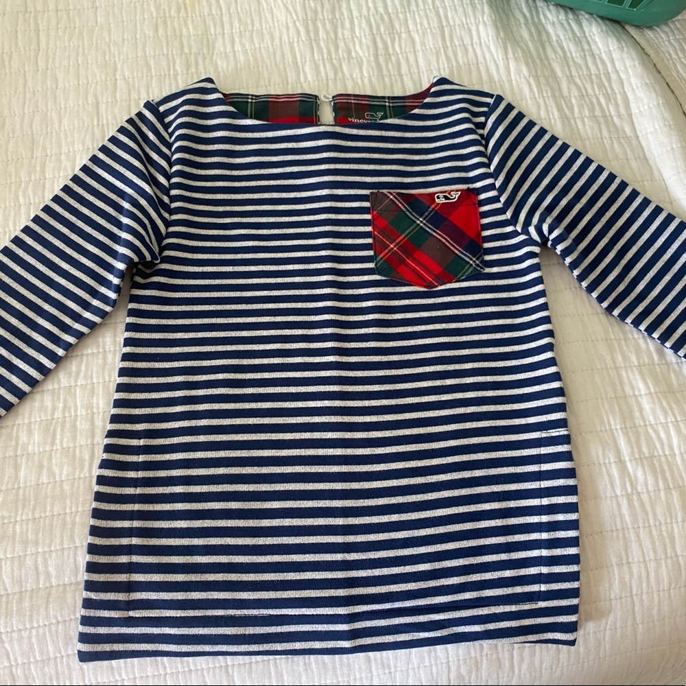 Girls Vineyard Vines Striped Top with Plaid Pocket - EUC - Size 5-6